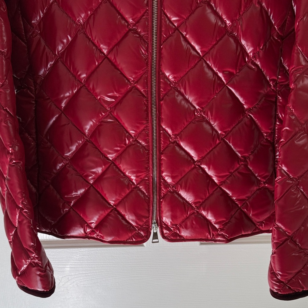 Moncler Quilted Red Hooded Goose Down Jacket w/Burgundy Velvet Accents & Trim - Picture 4 of 13